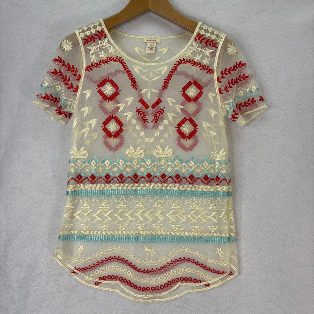 Sundance Women's Sz Small Ivory Embroidered Mesh‎ Sheer Aztec Top Boho Festival